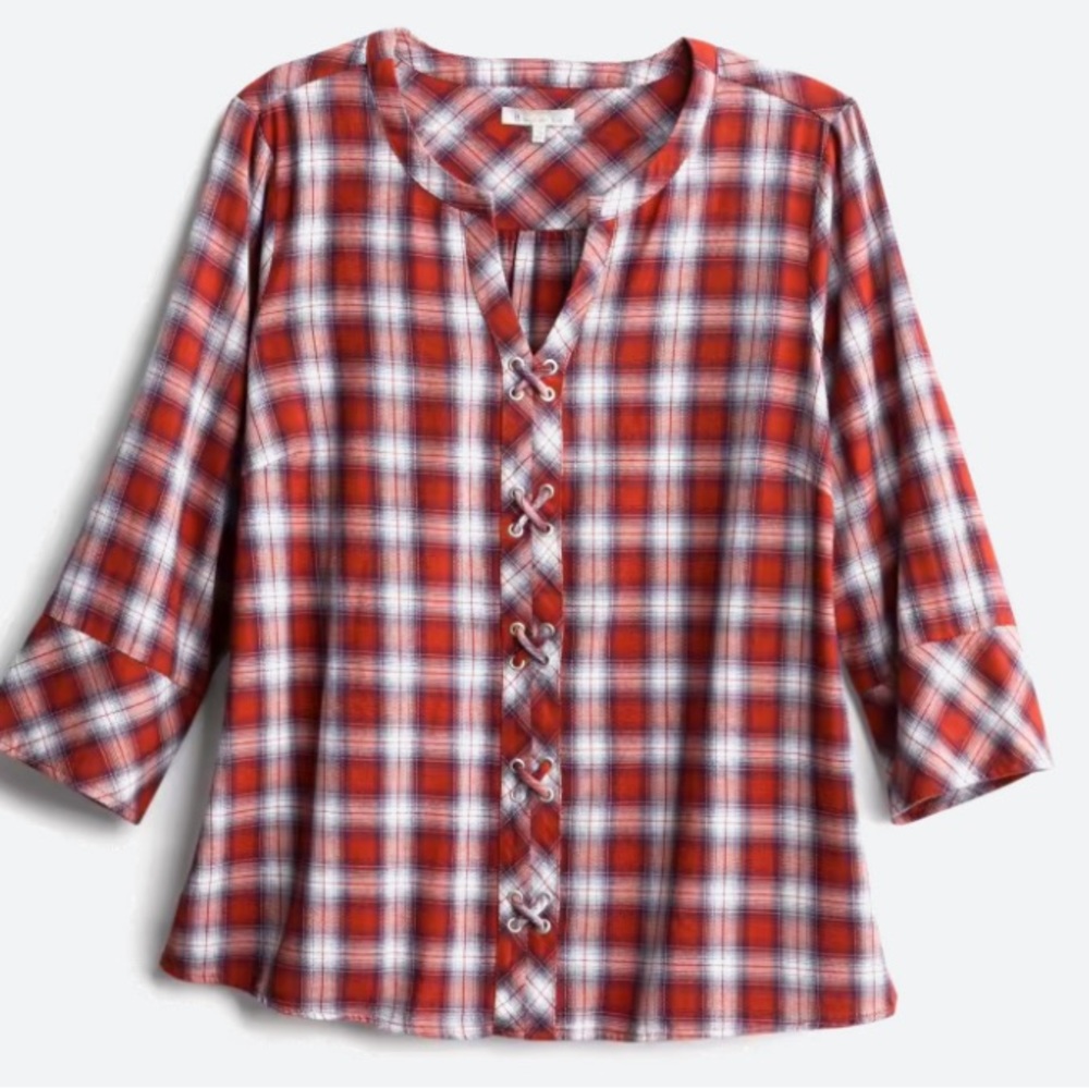 Skies‎ are Blue London Lace-Up Detail Top plaid size 1X